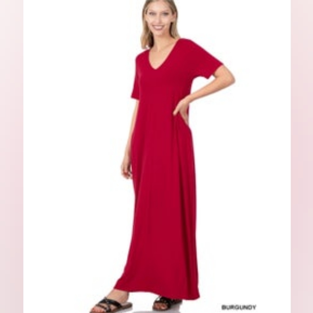 Zenana Short Sleeve Maxi Dress with Pockets dark burgundy